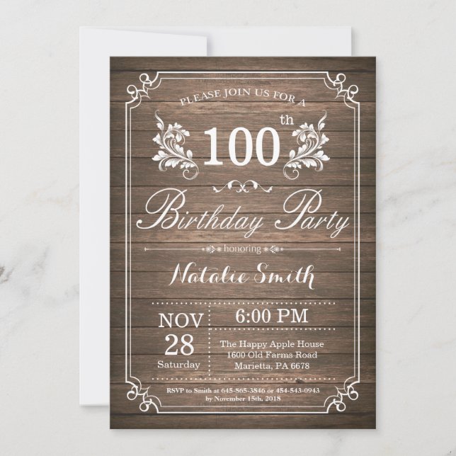 Rustic 100th Birthday Invitation Floral (Front)