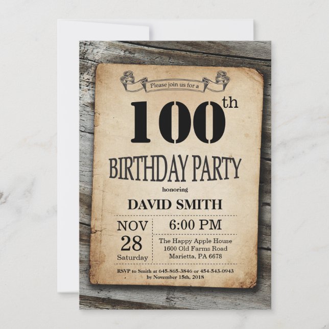 Rustic 100th Birthday Invitation Vintage Wood (Front)