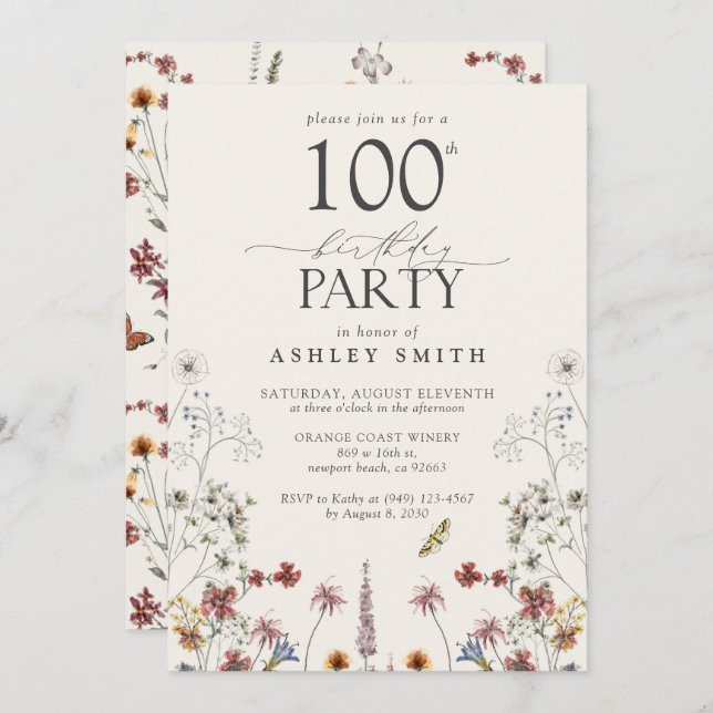 Rustic 100th Birthday Party Wildflower Garden Invitation (Front/Back)
