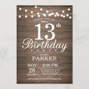 Rustic 13th Birthday Invitation String Lights Wood