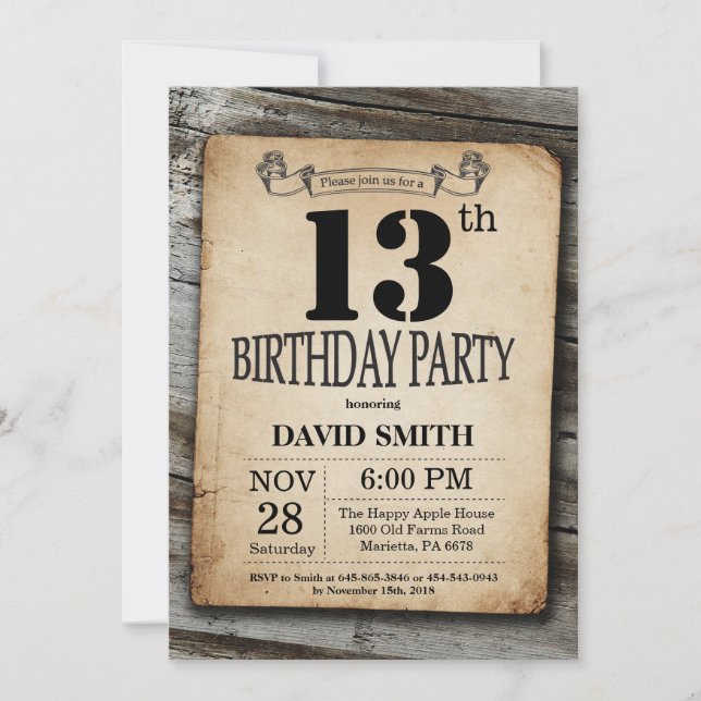 Rustic 13th Birthday Invitation Vintage Wood (Front)