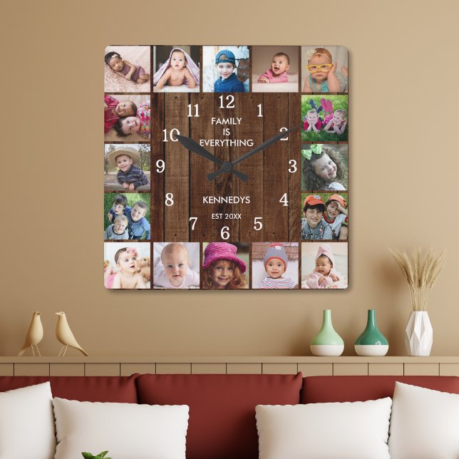 Rustic 16 Photo Collage Family Quote Pallet Wood  Square Wall Clock (Creator Uploaded)