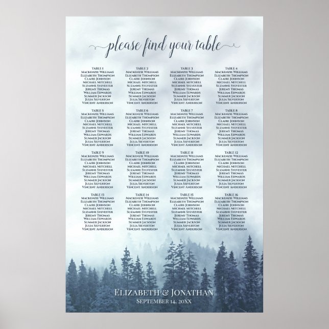 Rustic 16 Table Blue Forest Wedding Seating Chart (Front)