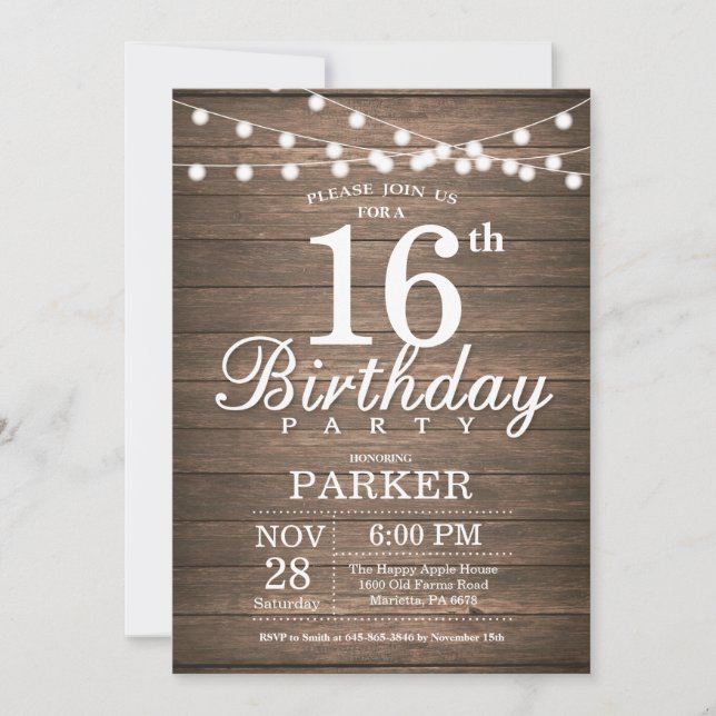Rustic 16th Birthday Invitation String Lights Wood (Front)