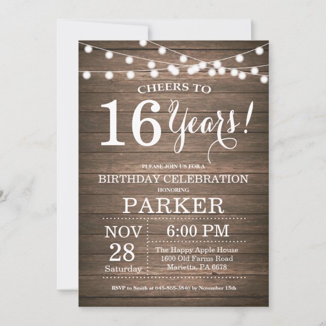 Rustic 16th Birthday Invitation Wood (Front)