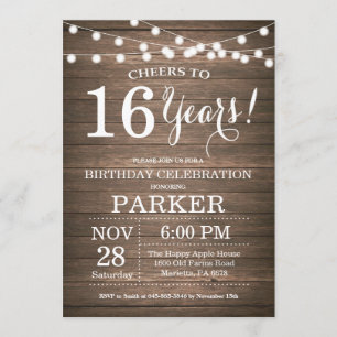 Rustic 16th Birthday Invitation Wood