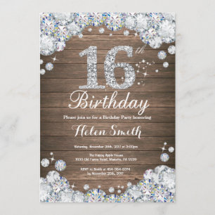 Rustic 16th Birthday Silver Diamond Invitation