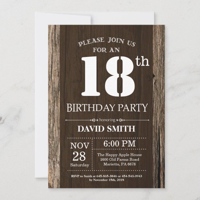 Rustic 18th Birthday Invitation Vintage Wood (Front)