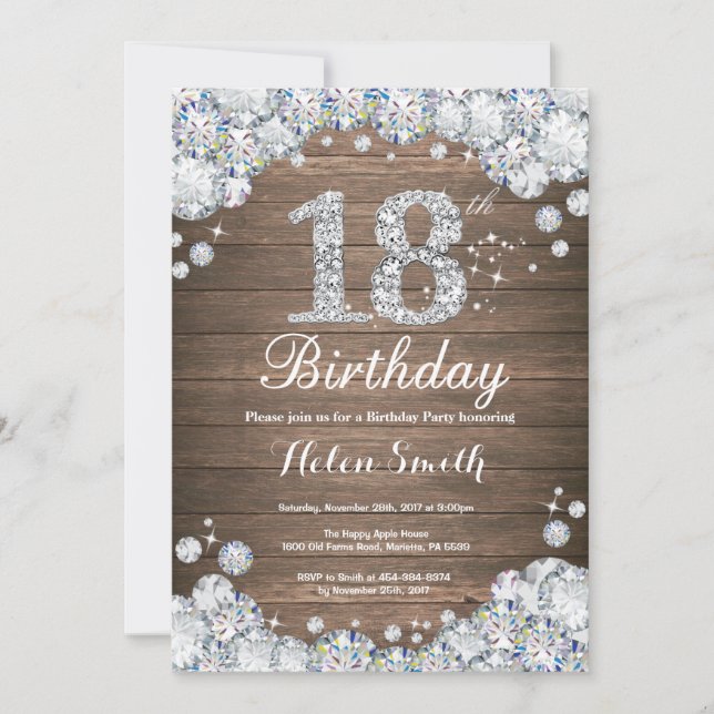 Rustic 18th Birthday Silver Diamond Invitation (Front)