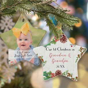 Rustic 1st Christmas Custom Photo New Grandparents Ceramic Tree Decoration