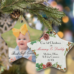 Rustic 1st Christmas Custom Photo New Mum & Dad Ceramic Tree Decoration