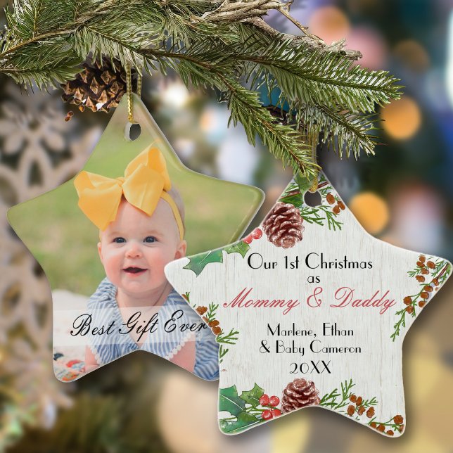Rustic 1st Christmas Custom Photo New Mum & Dad Ceramic Tree Decoration (Creator Uploaded)