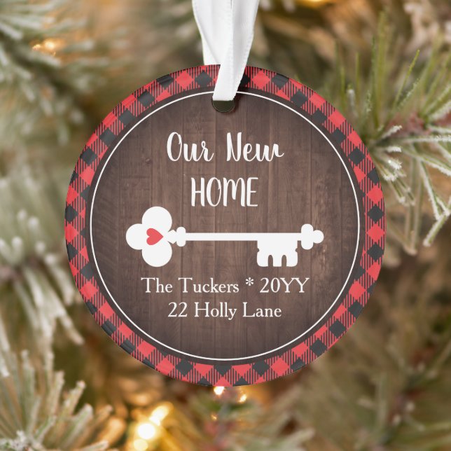 Rustic 1st Christmas New House Key Plaid Photo Ornament (Tree)