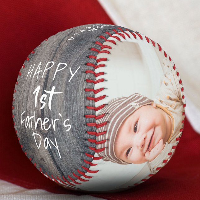 Rustic 1st Father`s Day Script 2 Photo Collage Baseball (Creator Uploaded)