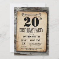 Rustic 20th Birthday Invitation Vintage Wood