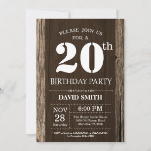 Rustic 20th Birthday Invitation Vintage Wood