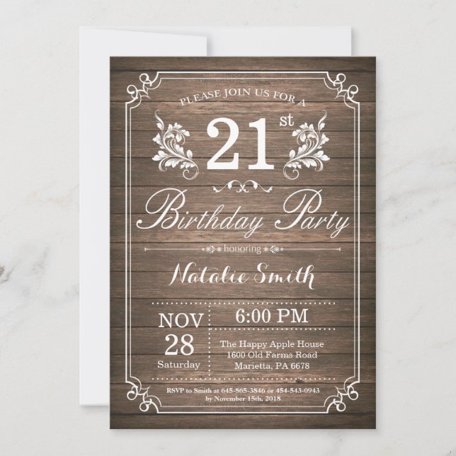 Rustic 21st Birthday Invitation Floral (Front)