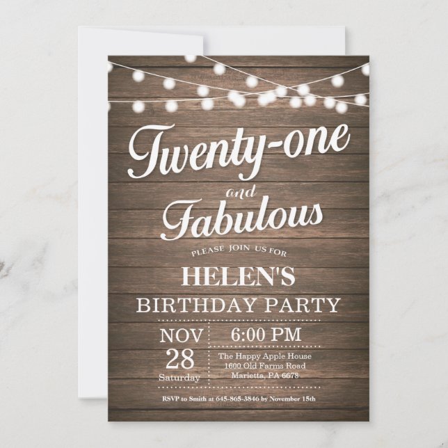Rustic 21st Birthday Invitation Wood Fabulous (Front)