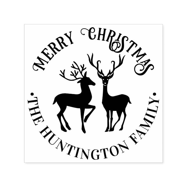 Rustic 2 Deer Merry Christmas Greeting Family Name Self-inking Stamp (Design)