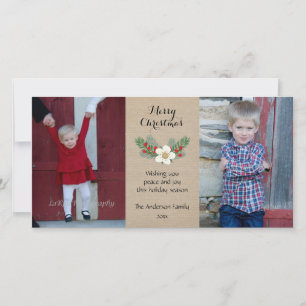 Rustic 2 photo Christmas card / burlap red white