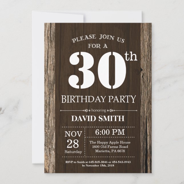 Rustic 30th Birthday Invitation Vintage Wood (Front)