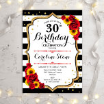 Rustic 30th Birthday - Sunflowers Roses Stripes Invitation<br><div class="desc">30th Birthday Invitation. Elegant design with sunflowers,  red roses,  faux glitter gold and black & white stripes. Features stylish script font and confetti. Perfect for an elegant birthday party. Customize with your own details.</div>