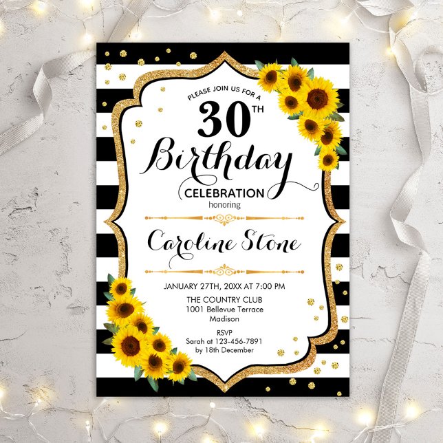 Rustic 30th Birthday - Sunflowers Stripes Invitation (Creator Uploaded)