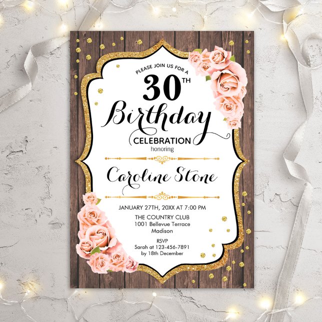 Rustic 30th Birthday - Wood Blush Pink Roses Invitation (Creator Uploaded)