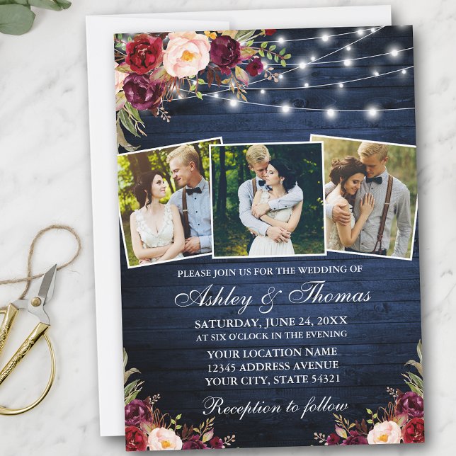 Rustic 3 Photo Burgundy Floral Lights Wood Wedding Invitation (Customize to add more text or more photos to back of card.)
