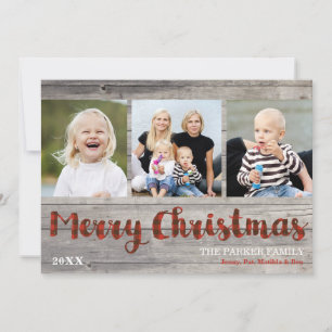 Rustic 3 Photo Christmas Wood and Plaid Flat Card