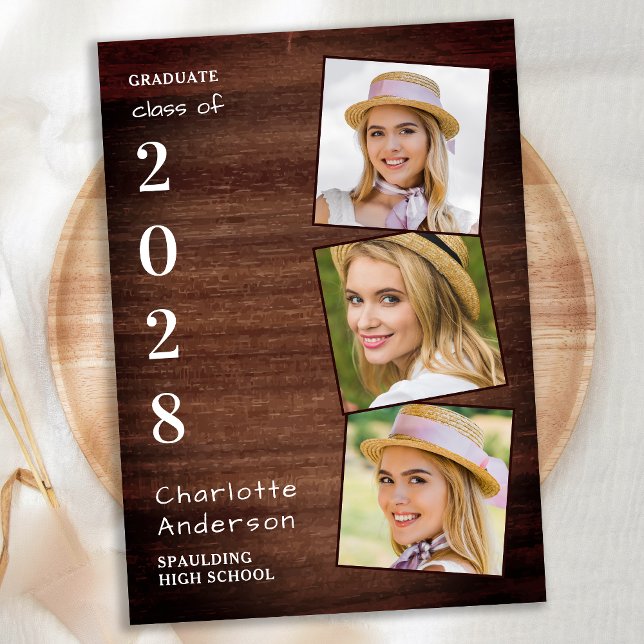 Rustic 3 Photo Collage Country Wood Graduation  Invitation (Creator Uploaded)