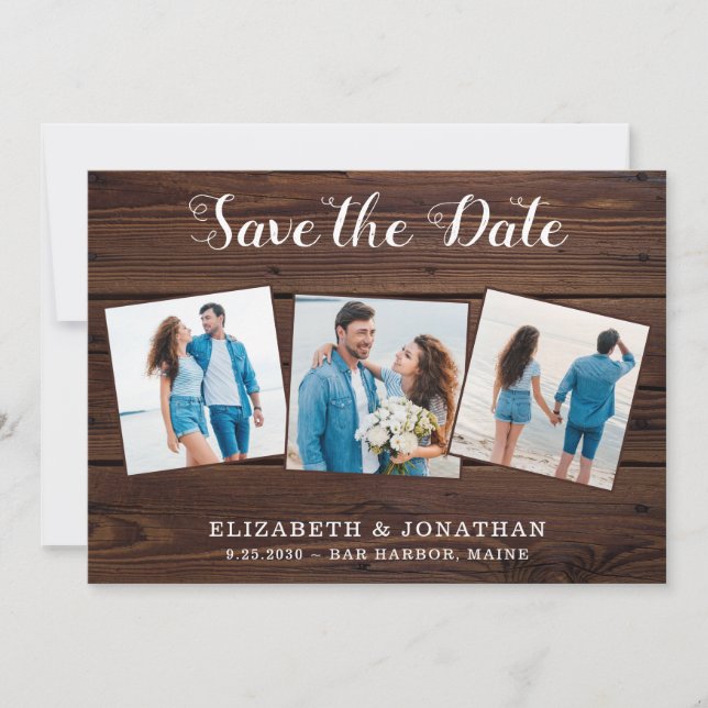 Rustic 3 Photo Country QR Code All In One Wedding Save The Date (Front)