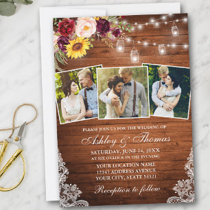 Rustic 3 Photo Mixed Floral Jar Lights Wedding Invitation