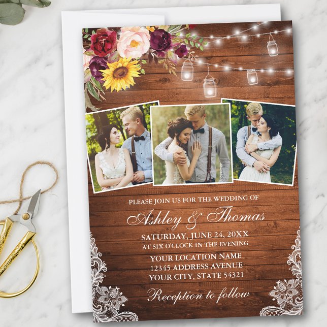 Rustic 3 Photo Mixed Floral Jar Lights Wedding Invitation (Customize to add more text or photos to back of card.)