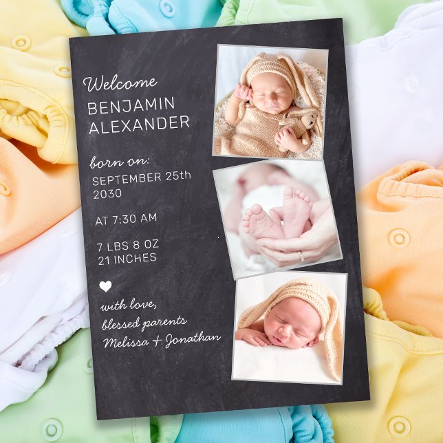 Rustic 3 Photo New Baby Chalkboard Birth  Announcement (Creator Uploaded)