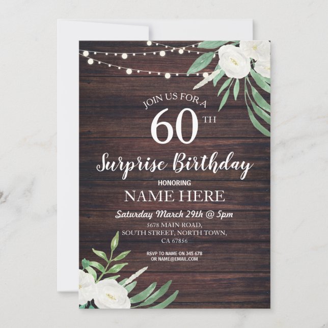 Rustic 40th 60th Birthday Party Wood Floral Invite (Front)