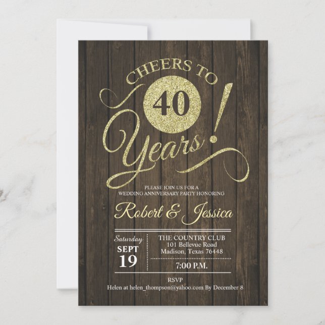 Rustic 40th Wedding Anniversary - Gold Wood Invitation (Front)