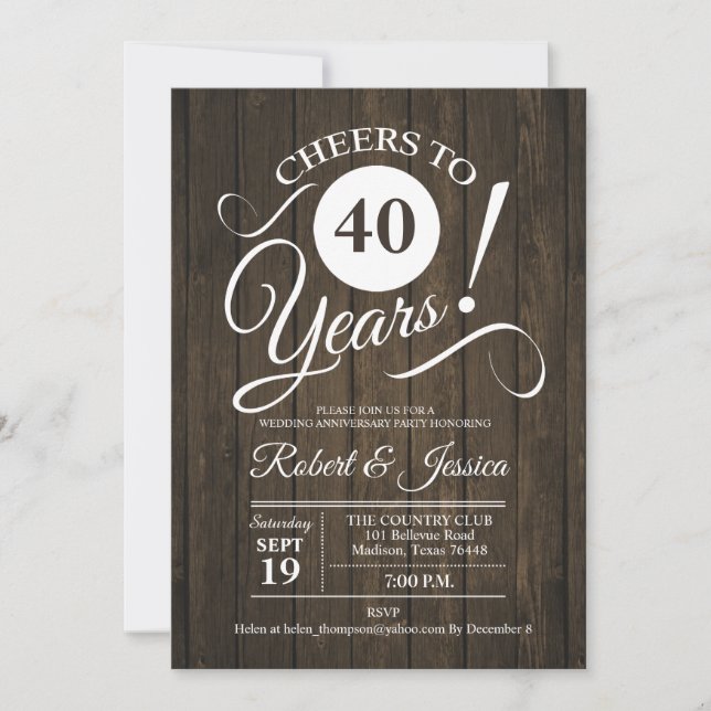 Rustic 40th Wedding Anniversary - Wood Invitation (Front)
