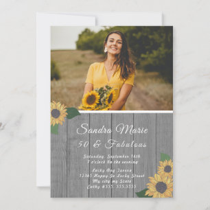 Rustic 50 and Fabulous   Sunflower Grey Birthday I Invitation