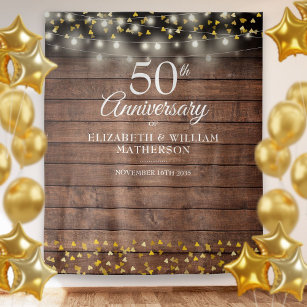 Rustic 50th Anniversary Gold Hearts Photo Backdrop Tapestry