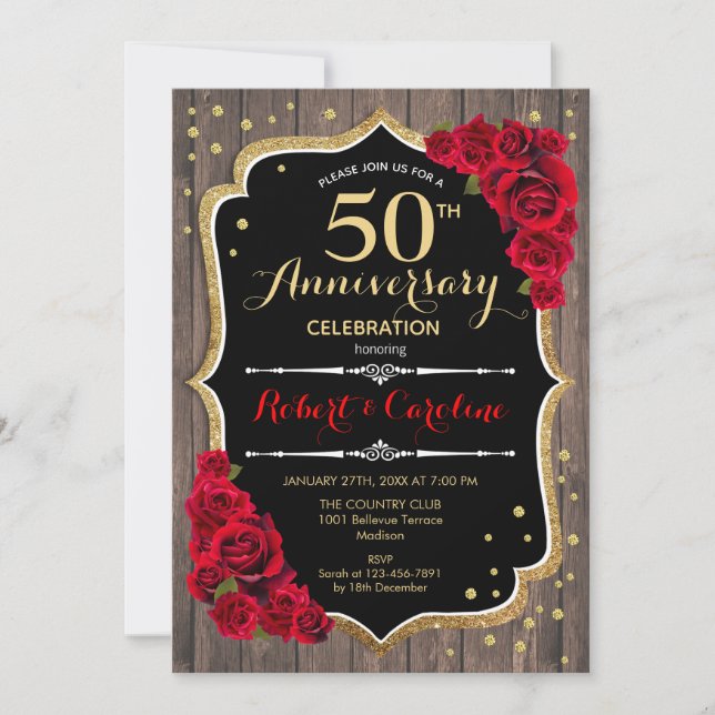 Rustic 50th Anniversary Invitation - Wood Red Gold (Front)