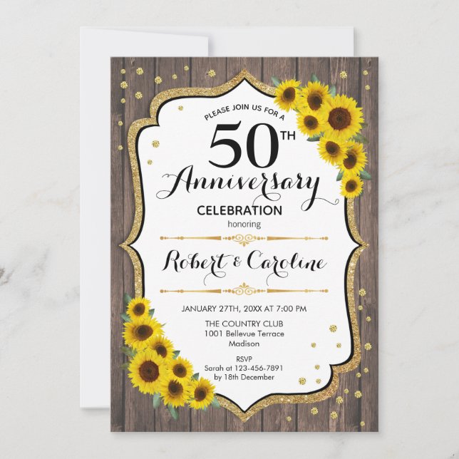 Rustic 50th Anniversary - Sunflowers Wood Gold Invitation (Front)