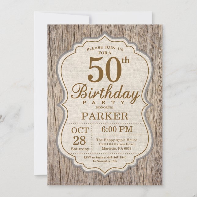 Rustic 50th Birthday Invitation Wood (Front)