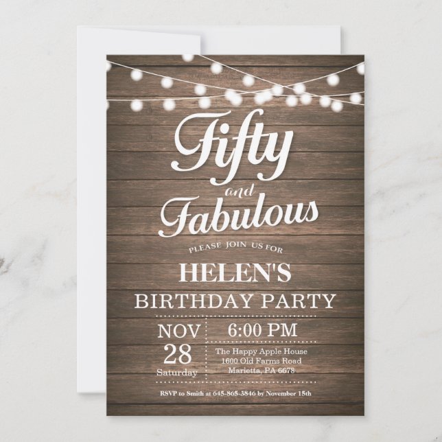 Rustic 50th Birthday Invitation Wood Fabulous (Front)