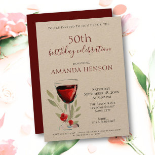 Rustic 50th Birthday Red Wine Surprise Party Kraft Invitation