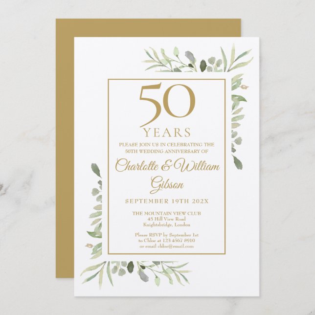 Rustic 50th Golden Wedding Anniversary Greenery Invitation (Front/Back)
