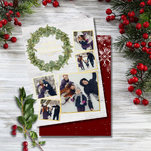 Rustic 5 Photo Collage Greenery Christmas Gold