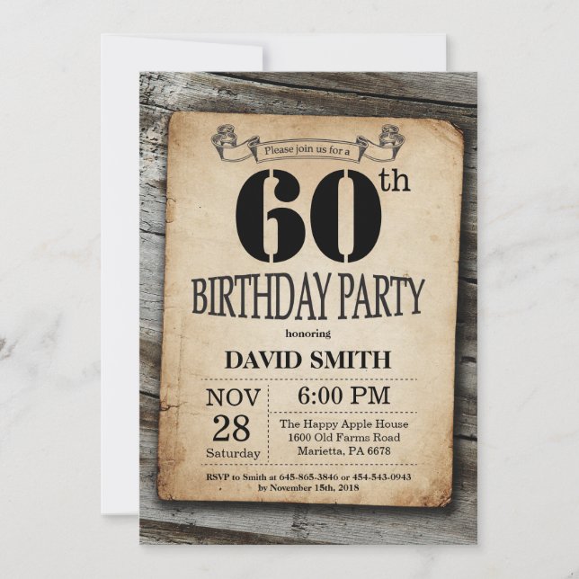Rustic 60th Birthday Invitation Vintage Wood (Front)