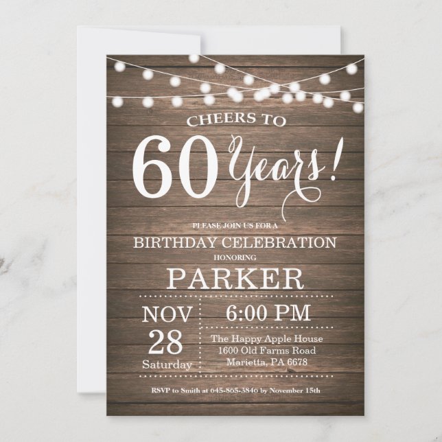 Rustic 60th Birthday Invitation Wood (Front)