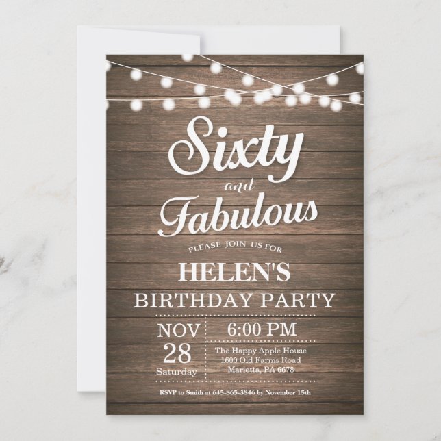 Rustic 60th Birthday Invitation Wood Fabulous (Front)